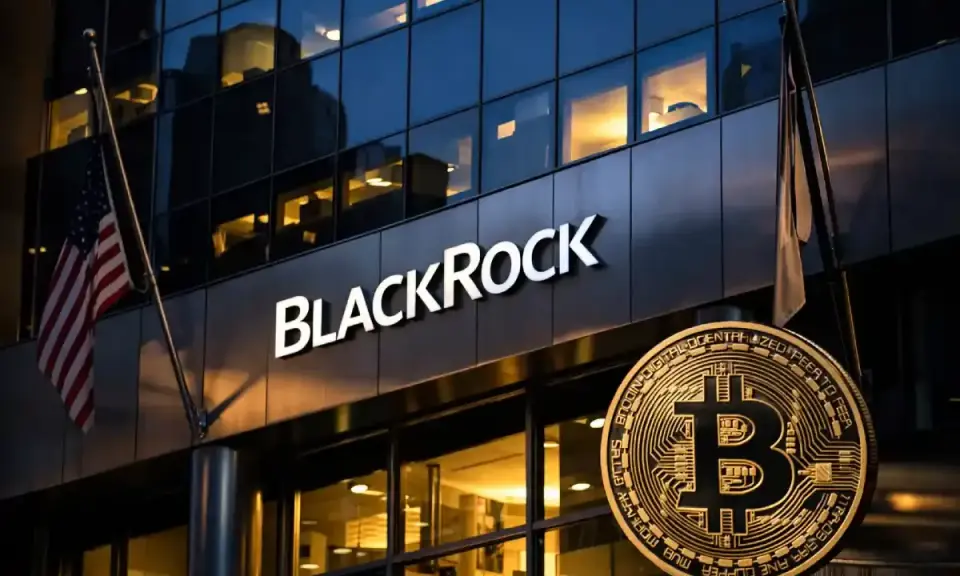 Budynek BlackRock z logo i monetą Bitcoin. Amerykańska flaga powiewa obok.
