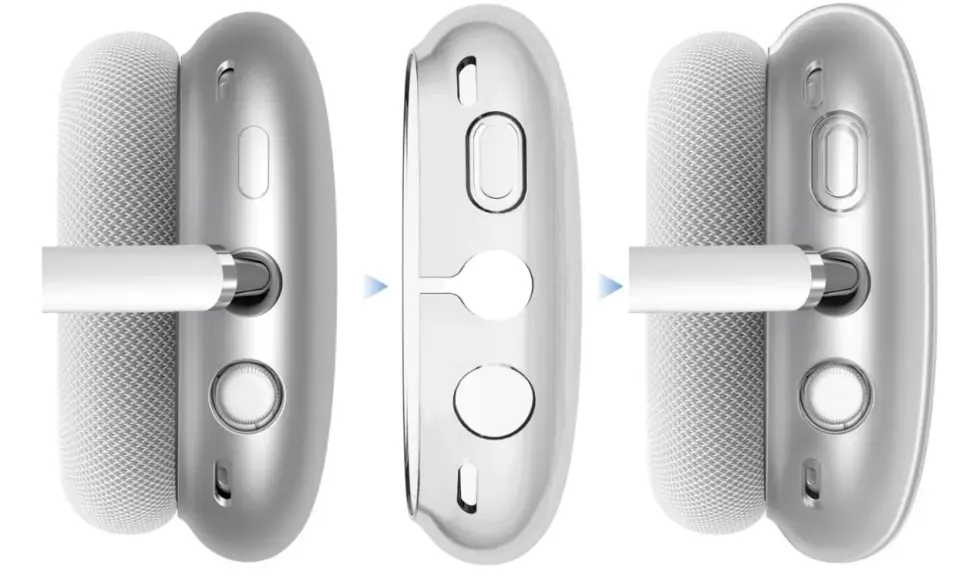 Przezroczyste etui na słuchawki AirPods Max, pokazujące, jak chroni przyciski i port.