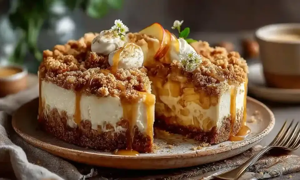 Ein köstlicher Apfel-Crumble-Käsekuchen, dekoriert mit Sahne und Karamell. Ein perfektes Crumble Rezept für Genießer.