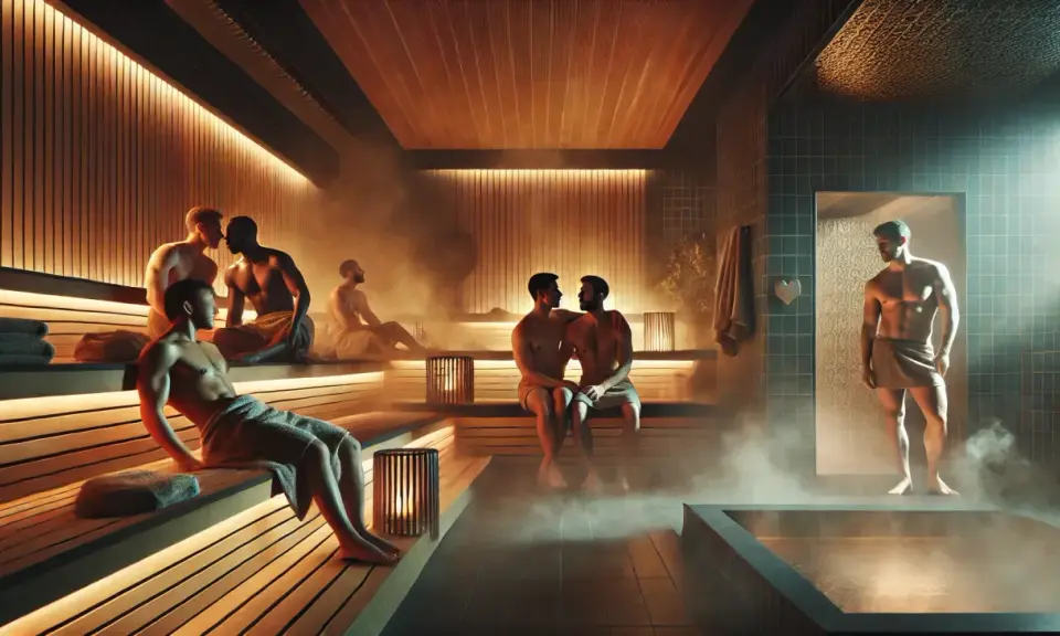 Men relax in a steamy gay sauna in Osaka. Warm lighting and wooden benches create a serene atmosphere.