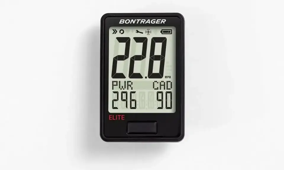 Elektroniczny licznik rowerowy Bontrager Elite z wyświetlaczem prędkości 22.8 MPH, mocy 29.6 i kadencji 90. Obsługuje ANT+.