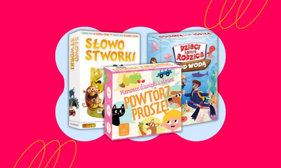 Kolorowe gry planszowe dla 5 latka: "Słowostworki", "Powtórz proszę!" i "Dzieci kontra Rodzice: Od wodą".