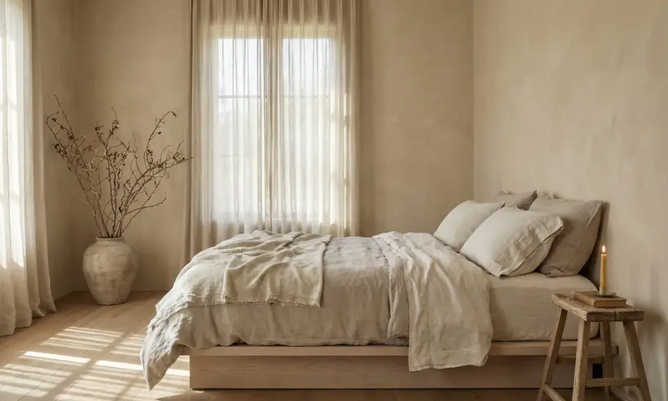 Chambre paisible aux tons sable, avec un lit douillet, des rideaux légers et une bougie. Une ambiance qui invite à se demander quelle est la meilleure couleur pour une chambre.