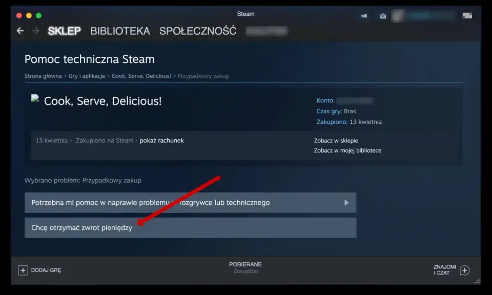 Interfejs Steam z opcją zwrotu pieniędzy za grę "Cook, Serve, Delicious!".