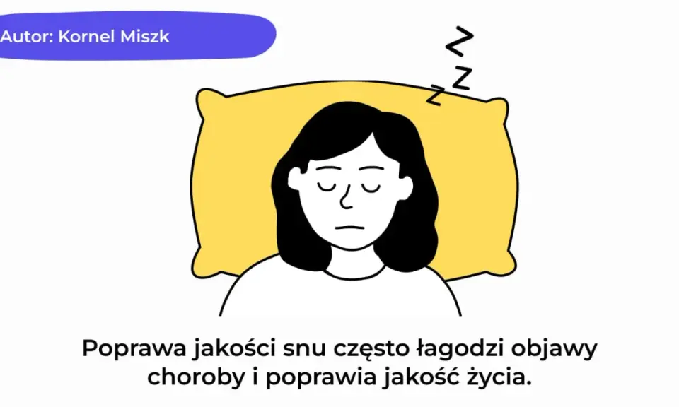 Ilustracja przedstawia osobę z zaburzeniami snu, leżącą na poduszce. Poprawa jakości snu łagodzi objawy choroby.