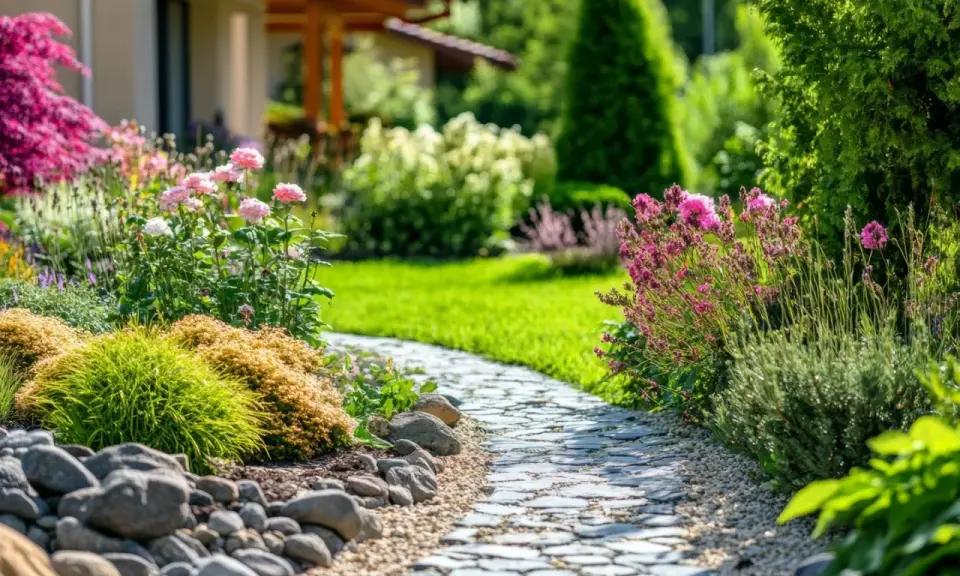 Ein schöner Weg lädt ein, den Garten gestalten mit wenig Geld. Blumen und Steine schaffen eine idyllische Atmosphäre.