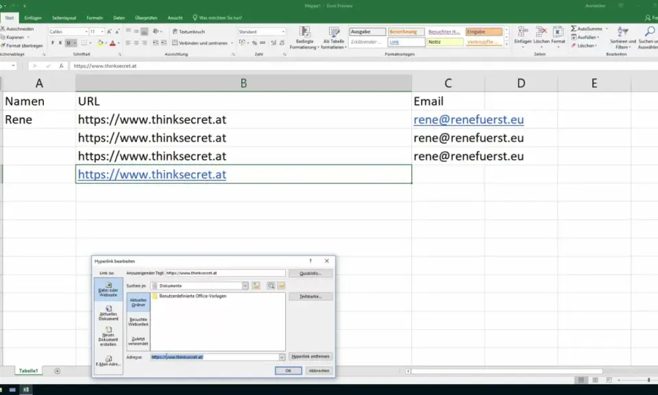 Excel-Tabelle mit Namen und E-Mail-Adressen. Ein Dialogfeld zur Bearbeitung von excel links ist geöffnet und zeigt die URL https://www.thinksecret.at.