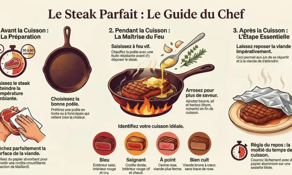 Guide pour un steak parfait : préparation, cuisson à la poêle avec arrosage, et repos. Identifiez la cuisson idéale entre bleu et bien cuit.