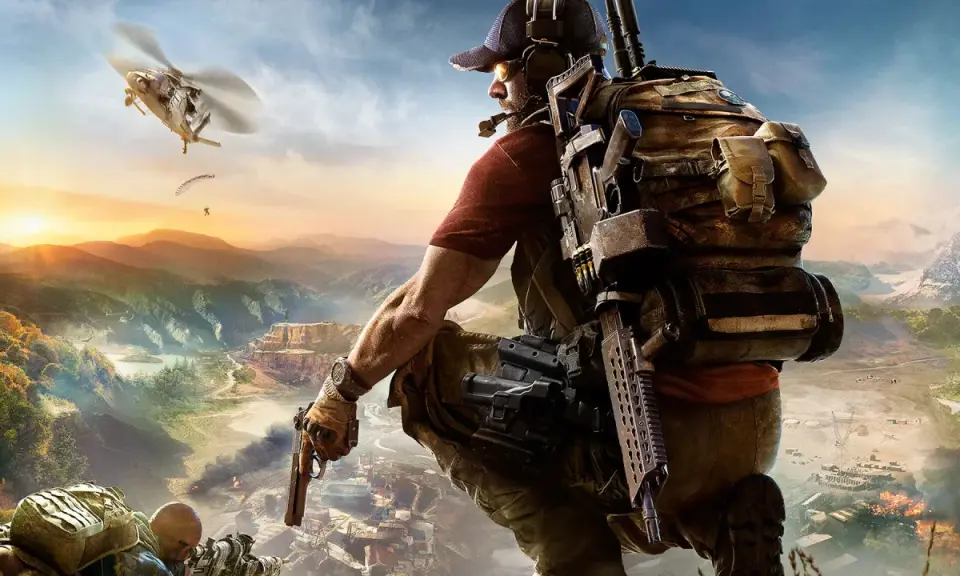 Żołnierz z Tom Clancy's Ghost Recon obserwuje teren z pistoletem w dłoni. W tle helikopter i spadochroniarze.
