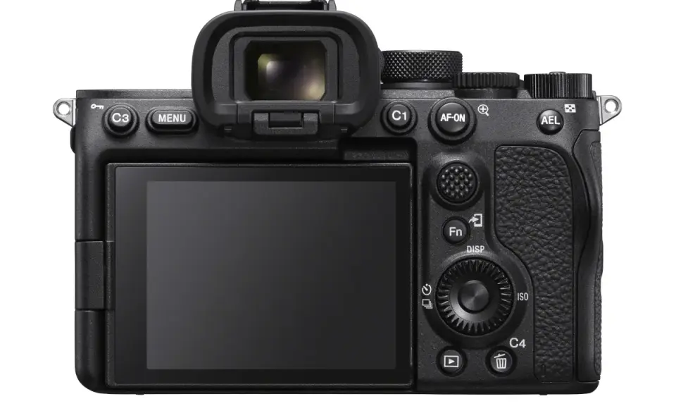 Tył aparatu Sony a7 S III z ekranem LCD i wizjerem. Widoczne przyciski Menu, C3, C1, AF-ON, AEL, Fn, Disp, ISO, C4.