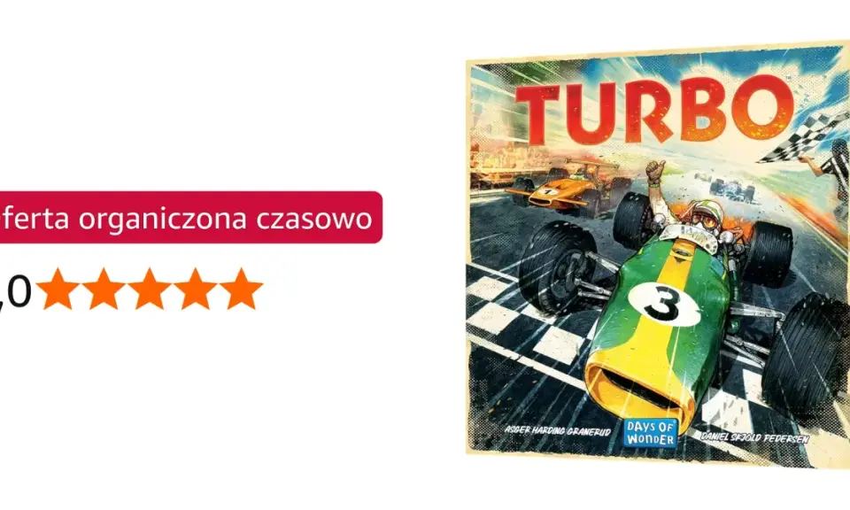Gra planszowa "Turbo" z wyścigami bolidów, idealna na szybką rozgrywkę.