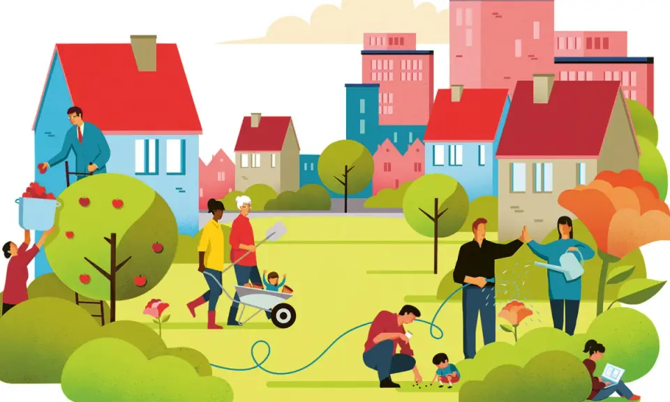Een diverse gemeenschap werkt samen in een levendige buurt, wat **sociale duurzaamheid** belichaamt. Mensen oogsten appels, verzorgen planten en leren kinderen over de natuur.