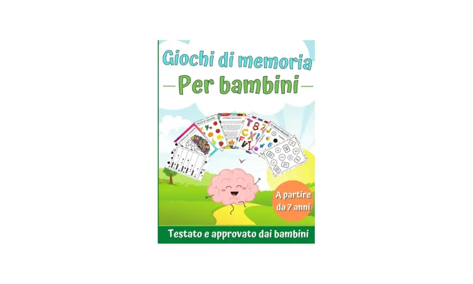 Copertina di "Giochi di memoria per bambini" con un cervello sorridente e varie schede di attività, ideali per allenare la mente.