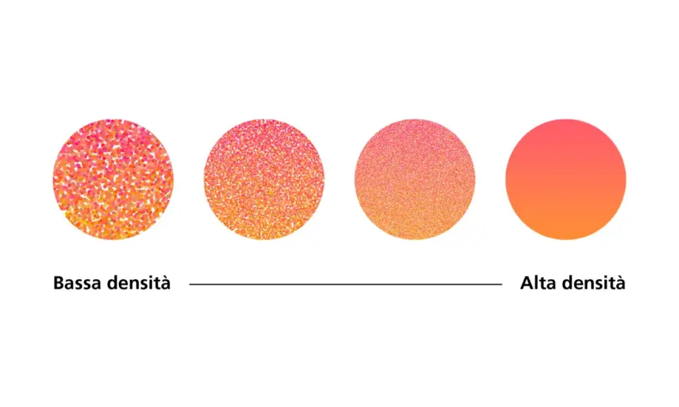Cerchi con gradiente da rosa ad arancio, da bassa ad alta densità di puntini, creati in 300 dpi Photoshop.