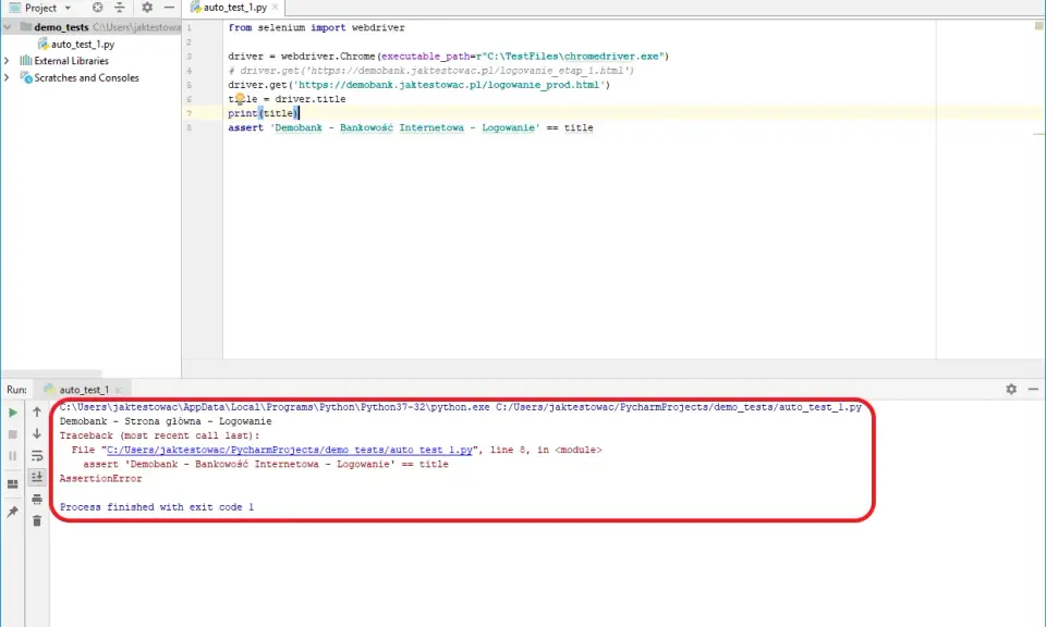 Kod Pythona z użyciem **selenium refresh page** do testowania strony logowania. Test zakończony błędem AssertionError.