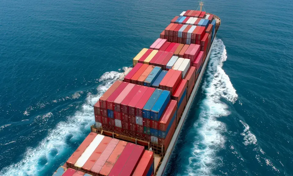 Un immense porte-conteneurs navigue sur une mer bleue, témoignant du **trafic maritime** mondial. Des conteneurs colorés s'empilent sur le pont.