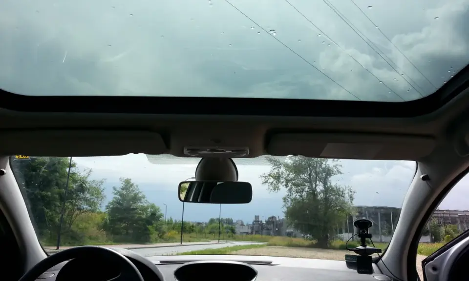 Widok z wnętrza samochodu z panoramicznym dachem, przez który widać niebo i drzewa. Krople deszczu na szybie.