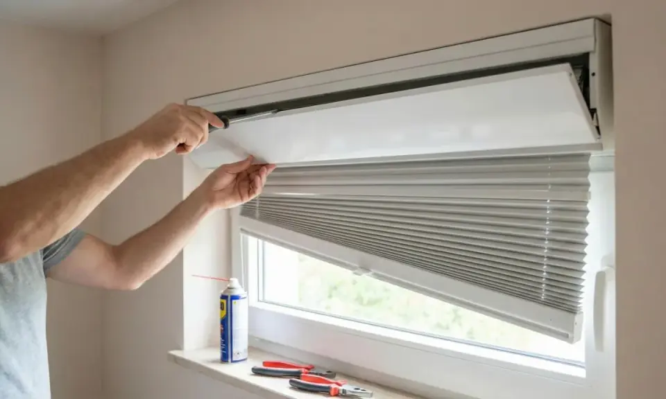 Persona intenta abrir tapa persiana PVC con destornillador. No puedo abrir tapa persiana PVC.