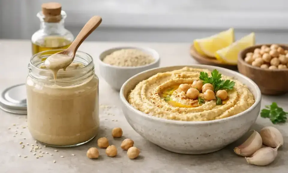 Pyszny hummus z ciecierzycą, czosnkiem i oliwą. Słoik z kremowym tahini, które jest kluczowym składnikiem.