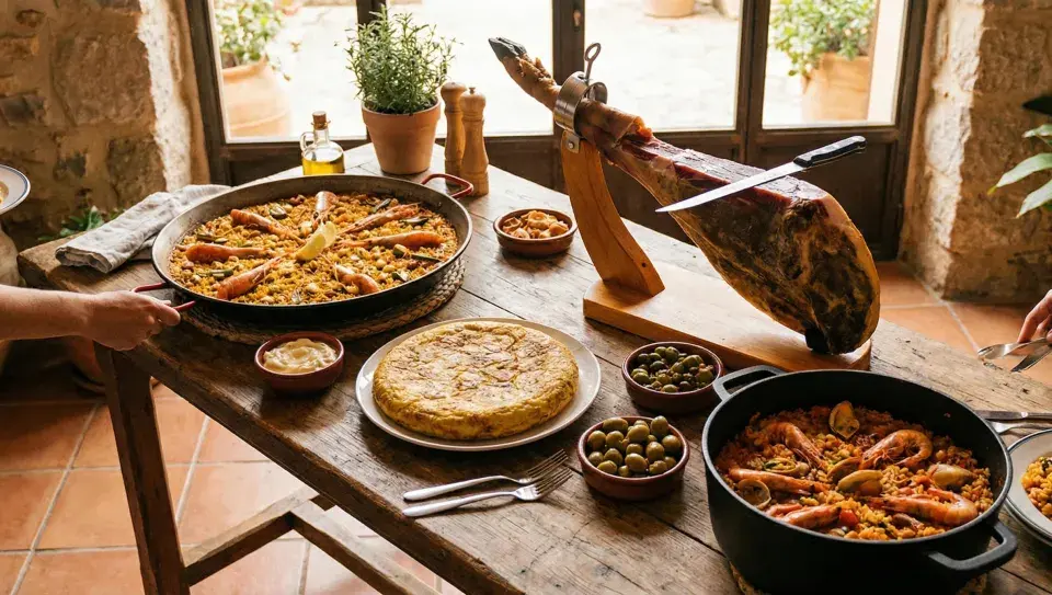 En generös spansk måltid med paella, jamón ibérico, tortilla och oliver. En fest för ögat och magen!