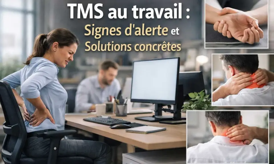 Prévention TMS : une femme souffre du dos au bureau. L'ergonomie et les solutions concrètes sont clés pour éviter ces troubles.