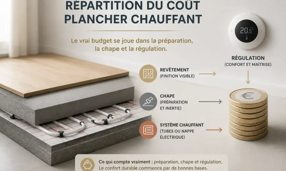 Coupe transversale d'un plancher chauffant montrant les couches: revêtement, chape, système de chauffage, avec schéma des coûts et thermostat.