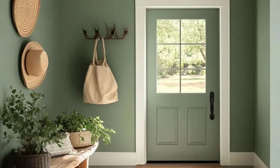 Un recibidor pintado en verde musgo, con sombreros de paja, plantas y un bolso. Inspírate para saber como pintar una habitacion.