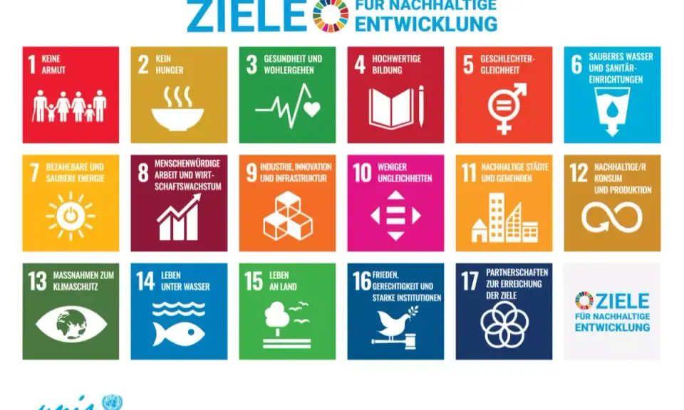 Die Ziele für nachhaltige Entwicklung, darunter Maßnahmen zum Klimaschutz weltweit, Bildung und sauberes Wasser.