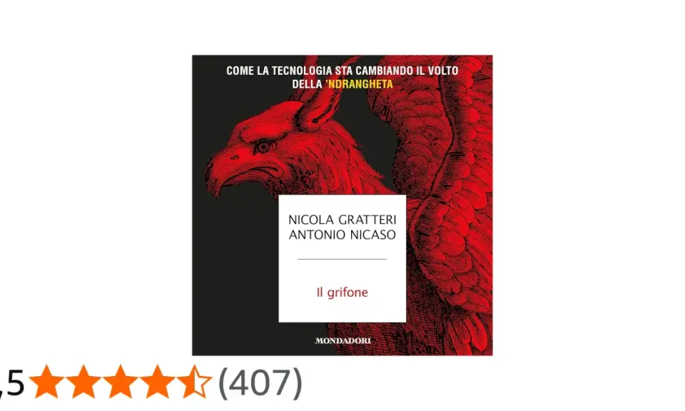Copertina del libro "Il grifone" di Nicola Gratteri e Antonio Nicaso, con un'illustrazione rossa di un grifone.