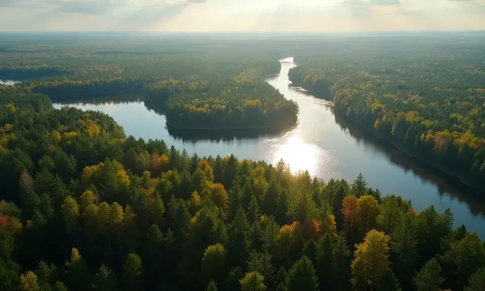 Malowniczy krajobraz Borów Tucholskich z krętą rzeką i jesiennymi drzewami. Idealne miejsce na odkrywanie atrakcji przyrodniczych.