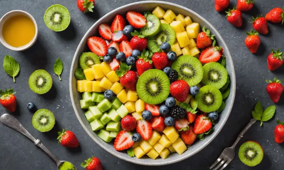 Un bol coloré de salade de fruits printemps : fraises, kiwis, ananas, myrtilles et mûres. Parfait pour un repas léger et rafraîchissant.