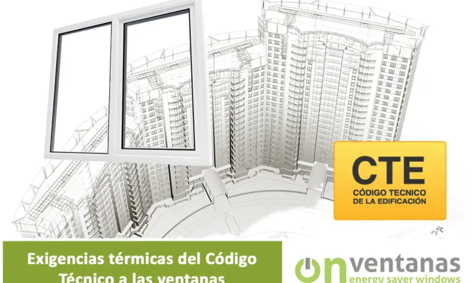 Ventana blanca de doble cristal frente a un boceto de edificio. El CTE exige eficiencia en las ventanas.