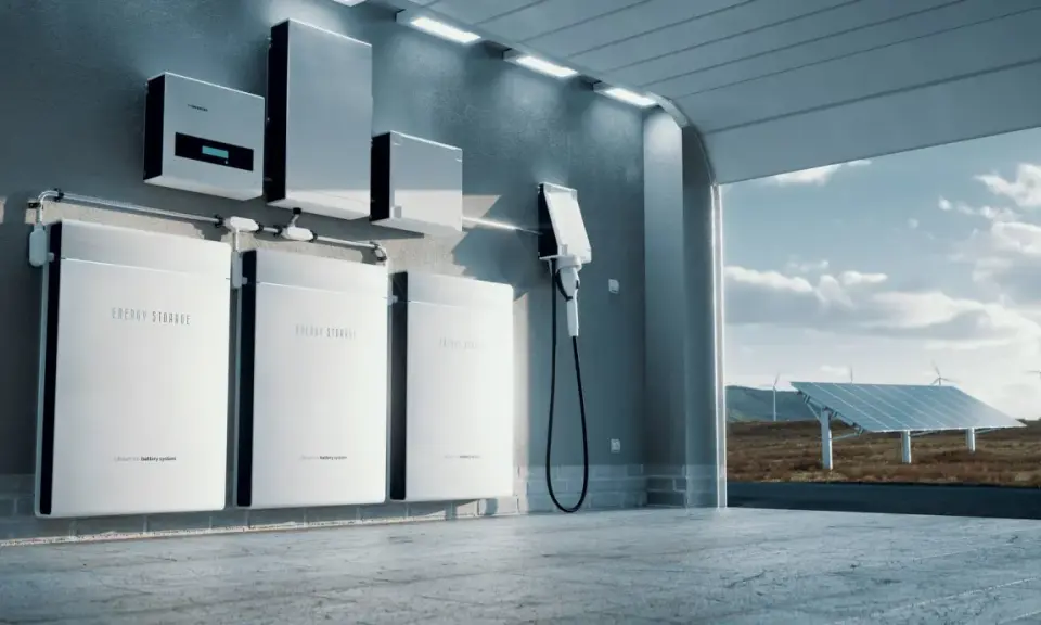 System magazynowania energii z akumulatorami i ładowarką, panele słoneczne i wiatraki w tle.