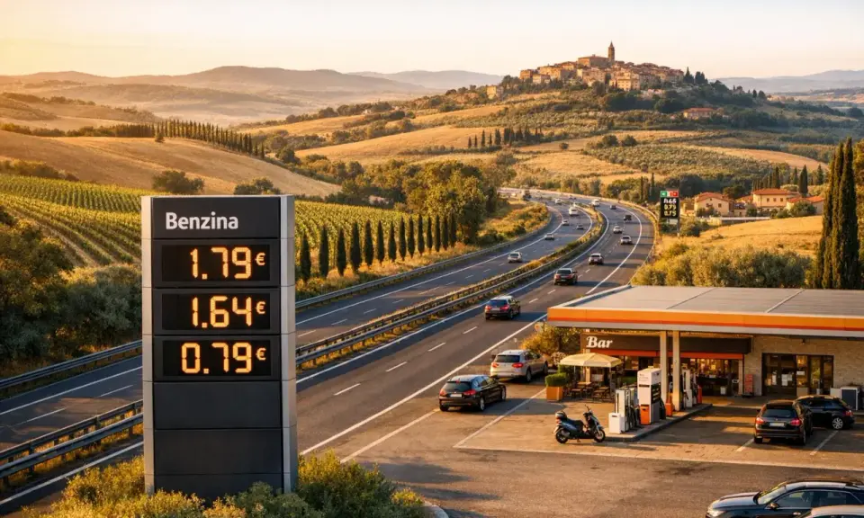 Ceny paliwa we Włoszech na słonecznym poboczu autostrady. Cyfrowy wyświetlacz pokazuje benzynę za 1.79€, 1.64€ i 0.79€.