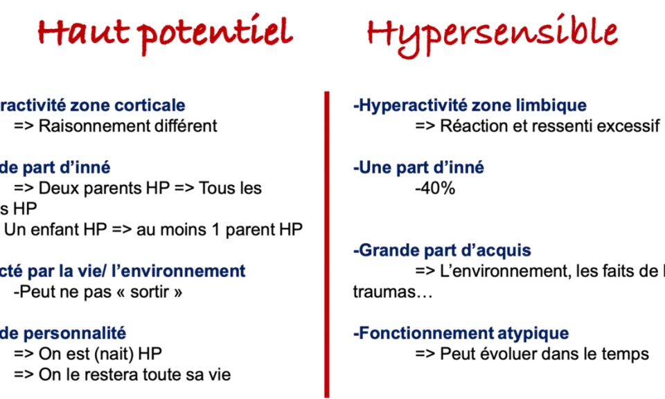 Comparaison entre haut potentiel et hypersensible : hyperactivité, part d'inné/acquis, impact environnemental, trait de personnalité ou fonctionnement atypique.