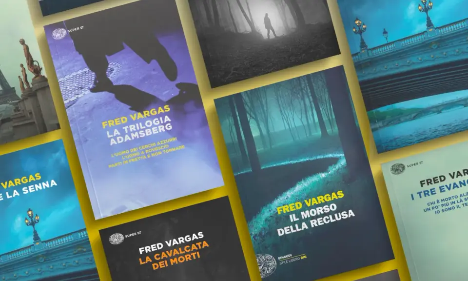 Copertine di libri di Fred Vargas, tra cui "La trilogia Adamsberg" e "Il morso della reclusa", che evocano mistero e suspense.