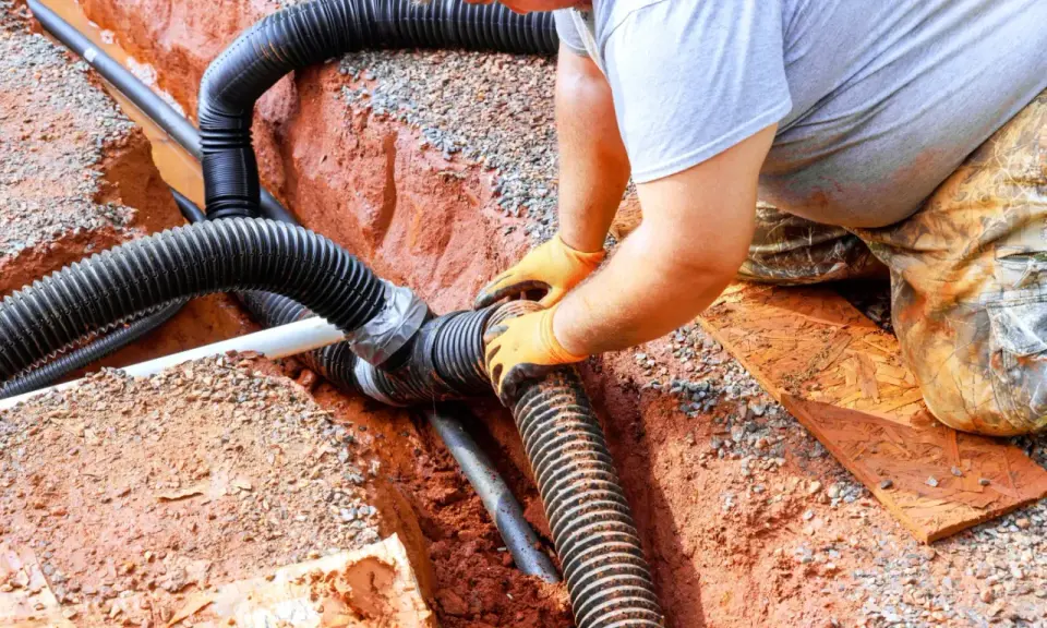 Instalator w pomarańczowych rękawiczkach łączy rury odprowadzające wodę z rynien. Prace zgodne z przepisami.