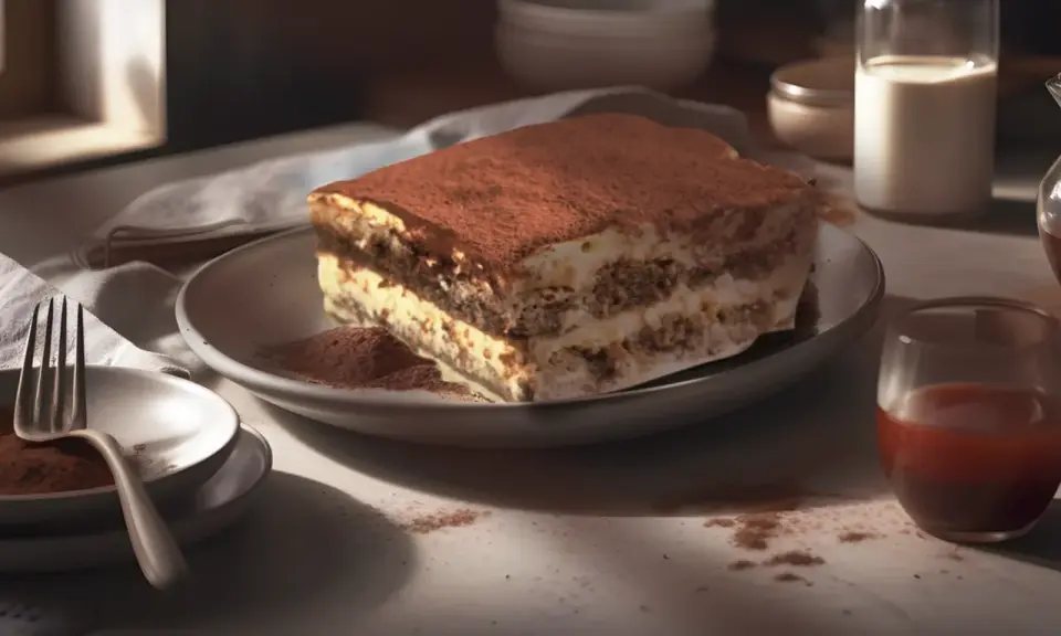 Un délicieux tiramisu, saupoudré de cacao, attend sur une assiette. Un verre de café et une carafe de lait complètent ce tableau gourmand.