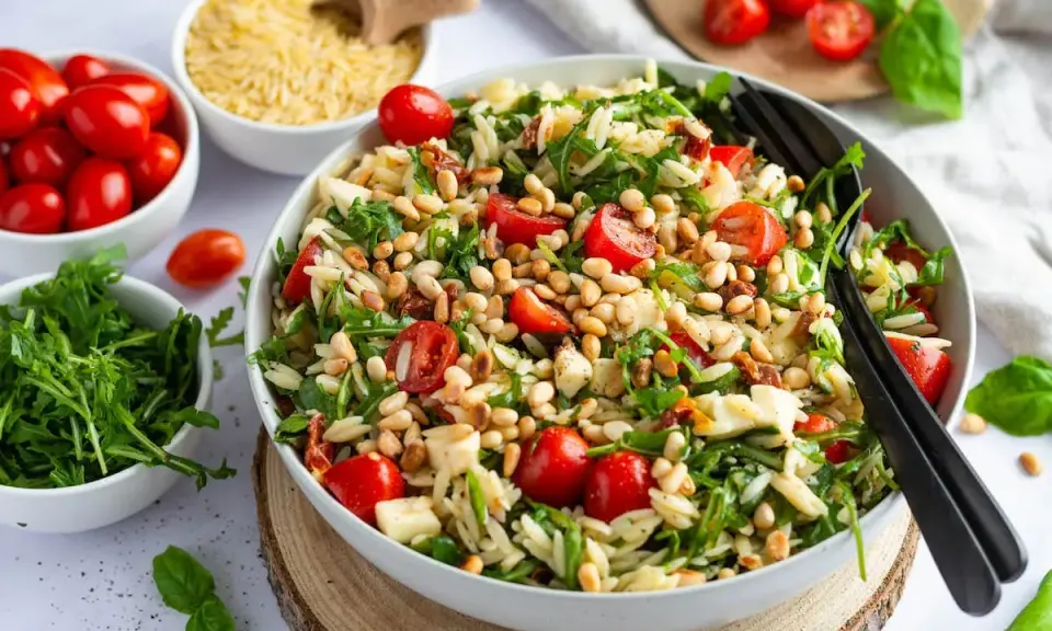 Ein bunter Nudelsalat mit Kirschtomaten, Rucola und Pinienkernen – perfekt für leichte sommergerichte vegetarisch.