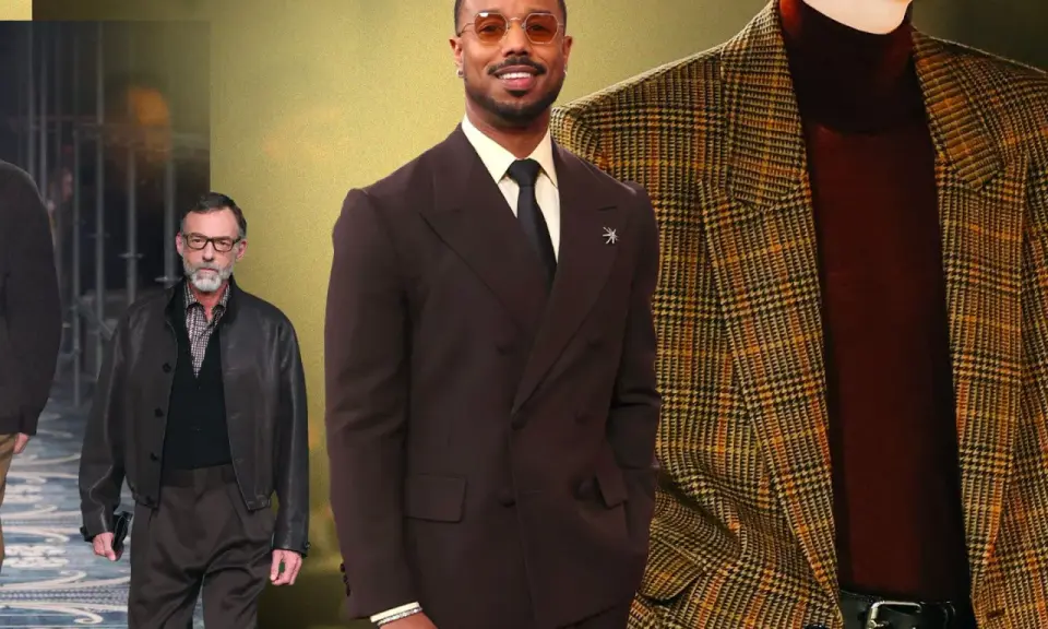 Collage of men in stylish suits and jackets, including Michael B. Jordan in a brown suit.