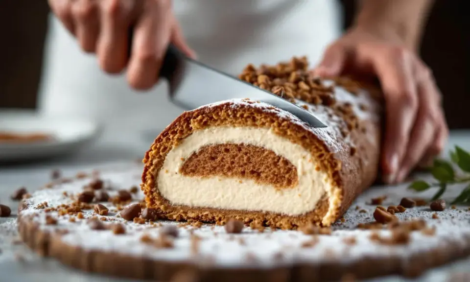 Une main coupe une tranche de roulé à la crème, garni de miettes croustillantes pour buche. Saupoudré de sucre glace.