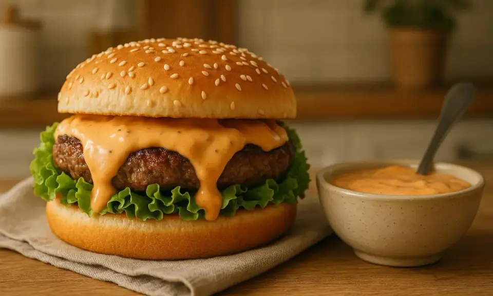 Un délicieux burger avec sa sauce Big Mac dégoulinante, servi à côté d'un petit bol de cette sauce onctueuse.