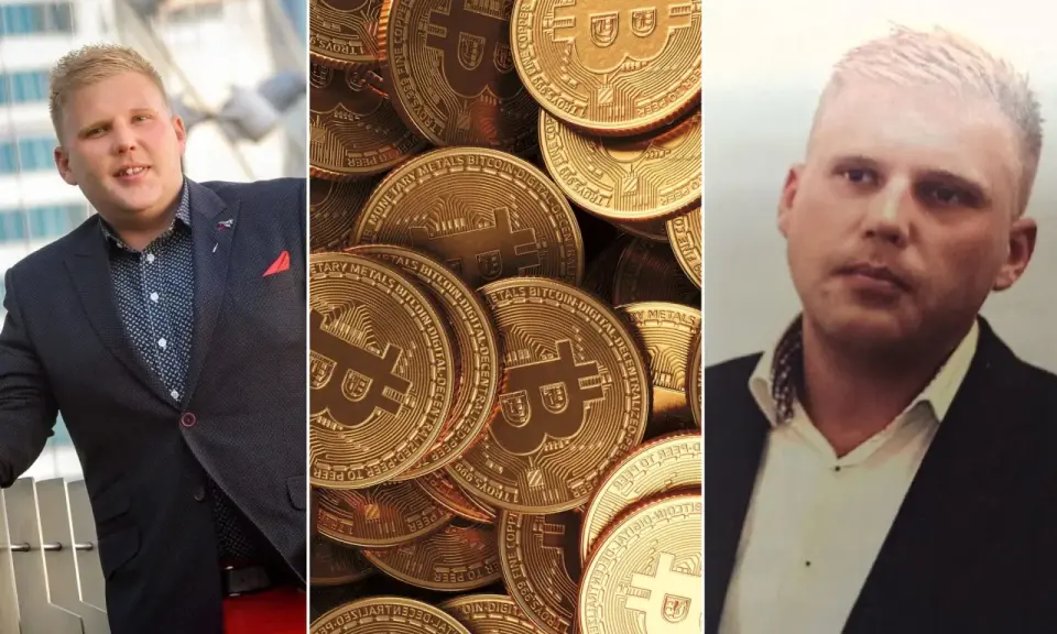 Sylwester Suszek nie żyje. Trzy panele: mężczyzna w garniturze, stos złotych monet Bitcoin, zbliżenie na twarz mężczyzny.