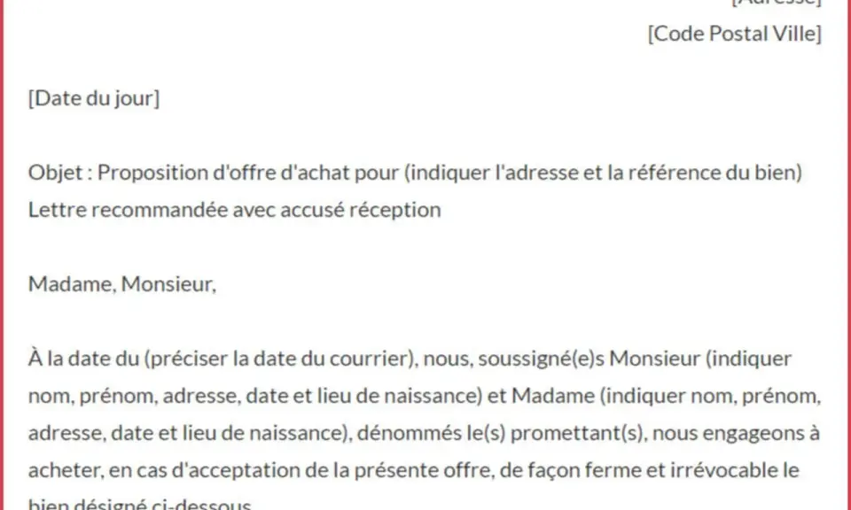 Exemple d'offre d'achat immobilier. Ce document officiel détaille une proposition ferme et irrévocable pour l'acquisition d'un bien.
