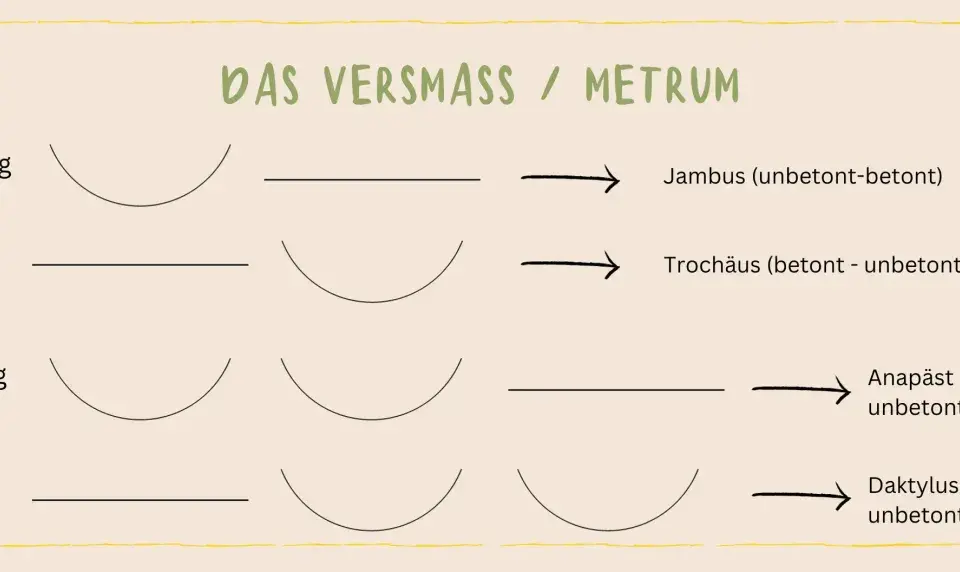 Schema zum metrum bestimmen: Zweisilbrig (Jambus, Trochäus) und Dreisilbrig (Anapäst, Daktylus) mit Betonungsmustern.