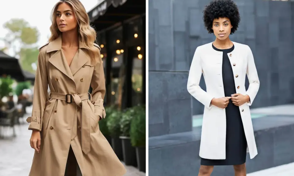 Zwei Frauen zeigen, wie man einen Trenchcoat kombiniert: eine in Beige mit Gürtel, die andere in Weiß über einem schwarzen Kleid.
