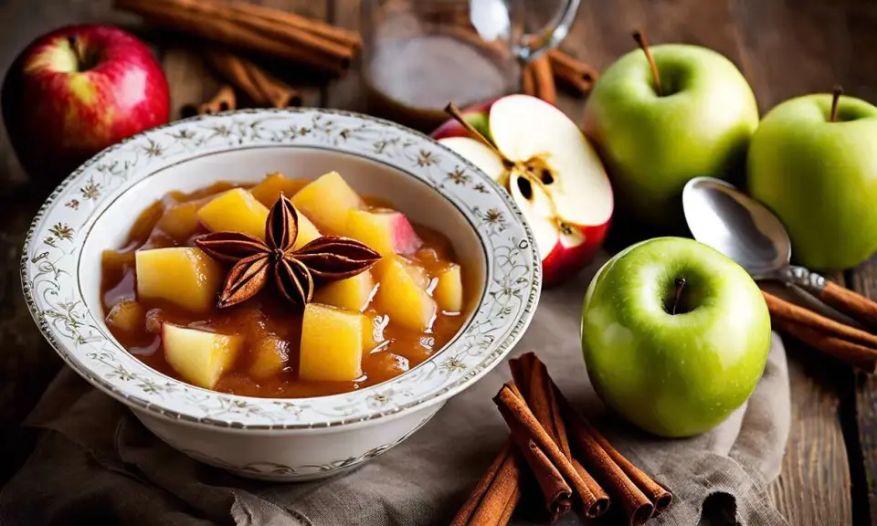 Délicieuse compote pommes mirabelles, garnie d'une étoile de badiane, entourée de pommes fraîches et de bâtons de cannelle sur fond de bois.
