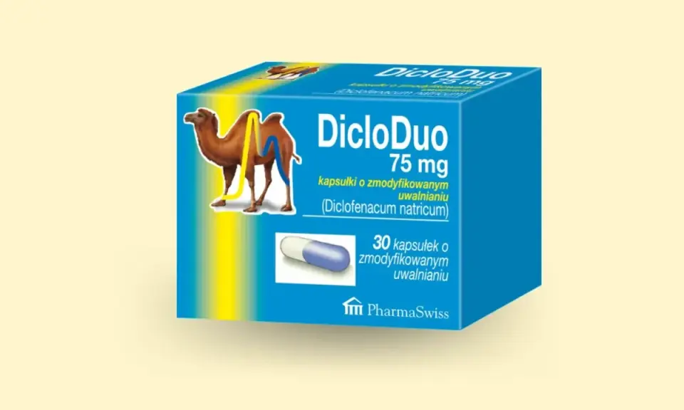 Opakowanie leku DicloDuo 75 mg z wielbłądem. Czy dicloduo jest szkodliwy? Zawsze konsultuj się z lekarzem.
