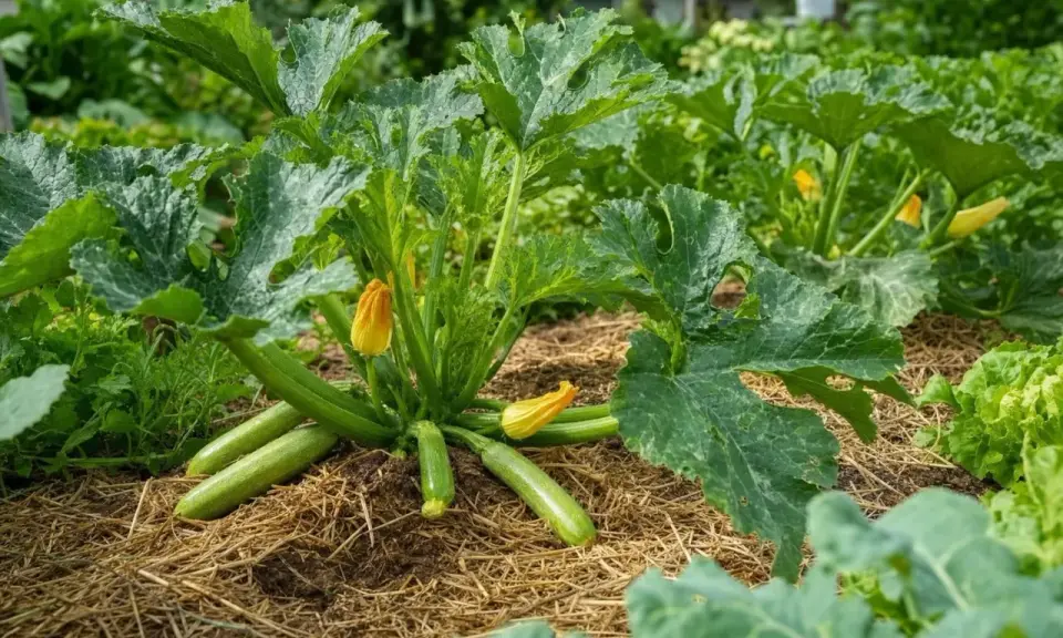 Courgettes vertes et fleurs jaunes sur un paillis de paille. On se demande jusqu'à quand planter des courgettes pour une récolte abondante.