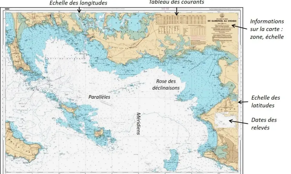 Carte bathymétrique de la baie de Quiberon, montrant les profondeurs, les parallèles, les méridiens, la rose des vents et les informations sur la zone et l'échelle.